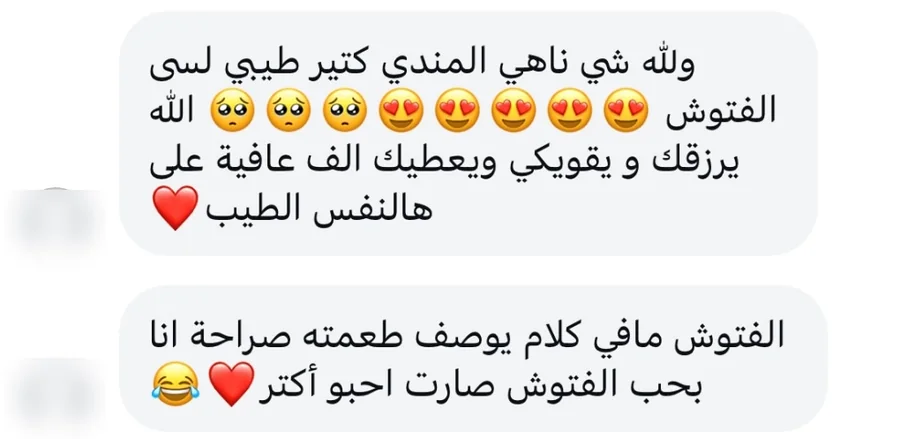 والله شي ناهي، المندي كتير طيب لسا الفتوش… الفتوش ما في كلام يوصف طعمته